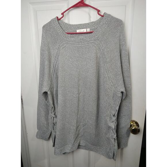 RD Style Woman's 2X Sweater Grey Heathered Tunic Side Laceup Round Hem - Picture 1 of 10